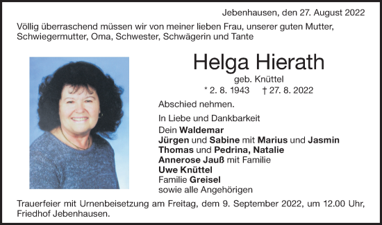 Traueranzeige von Helga Hierath von NWZ Neue Württembergische Zeitung