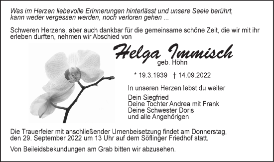 Traueranzeige von Helga Immisch von SÜDWEST PRESSE Ausgabe Ulm/Neu-Ulm