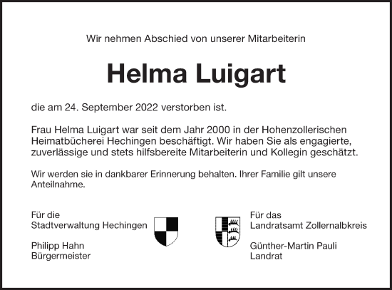 Traueranzeige von Helma Luigart von Metzinger-Uracher Volksblatt