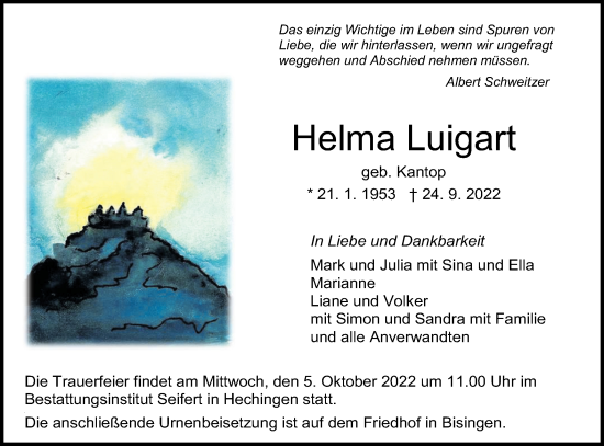 Traueranzeige von Helma Luigart von Metzinger-Uracher Volksblatt