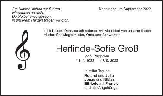 Traueranzeige von Herlinde-Sofie Groß von NWZ Neue Württembergische Zeitung