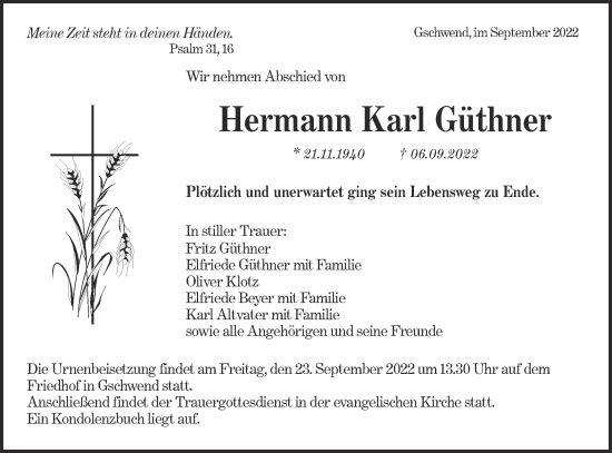 Traueranzeige von Hermann Karl Güthner von Rundschau Gaildorf