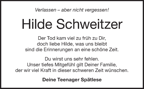 Traueranzeige von Hilde Schweitzer von NWZ Neue Württembergische Zeitung