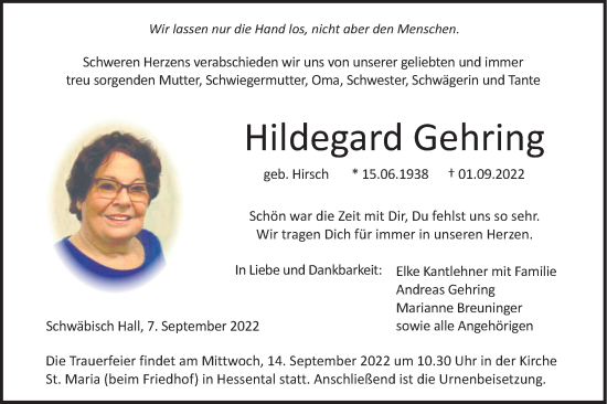 Traueranzeige von Hildegard Gehring von Haller Tagblatt