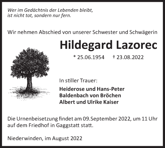 Traueranzeige von Hildegard Lazorec von Hohenloher Tagblatt