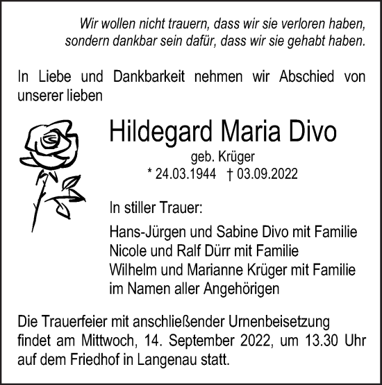 Traueranzeige von Hildegard Maria Divo von SÜDWEST PRESSE Ausgabe Ulm/Neu-Ulm