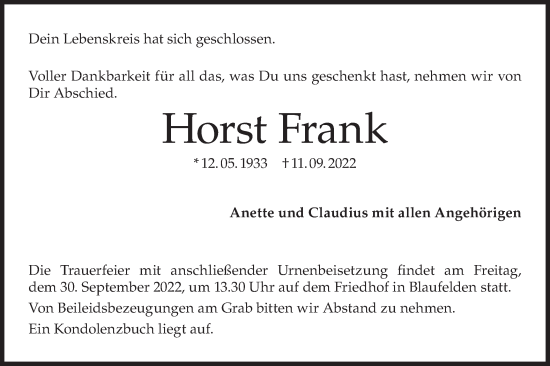 Traueranzeige von Horst Frank von Haller Tagblatt