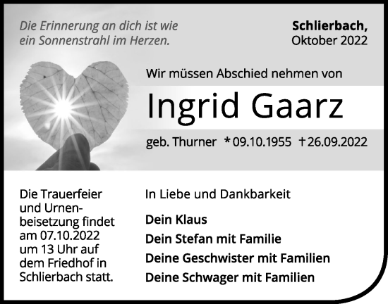 Traueranzeige von Ingrid Gaarz von NWZ Neue Württembergische Zeitung