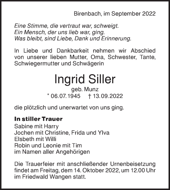 Traueranzeige von Ingrid Siller von NWZ Neue Württembergische Zeitung