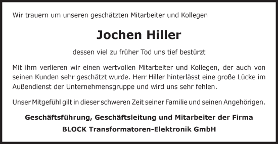 Traueranzeige von Jochen Hiller von Metzinger-Uracher Volksblatt