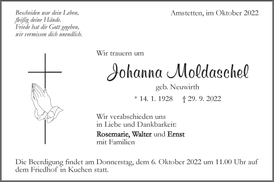 Traueranzeige von Johanna Moldaschel von Geislinger Zeitung