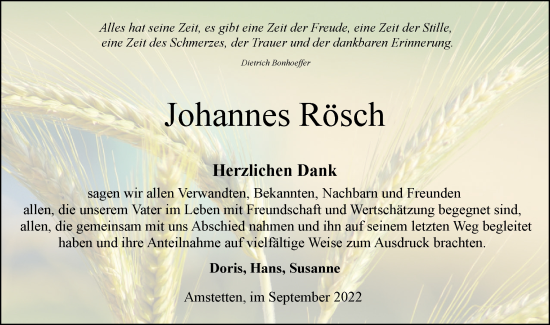 Traueranzeige von Johannes Rösch von Geislinger Zeitung