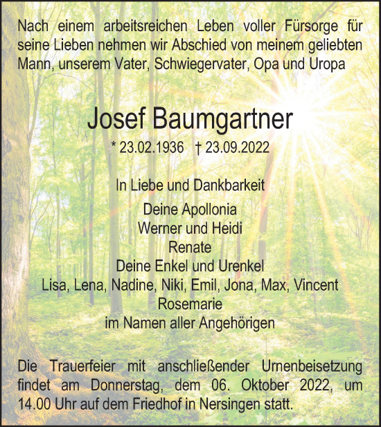 Traueranzeige von Josef Baumgartner von SÜDWEST PRESSE Ausgabe Ulm/Neu-Ulm