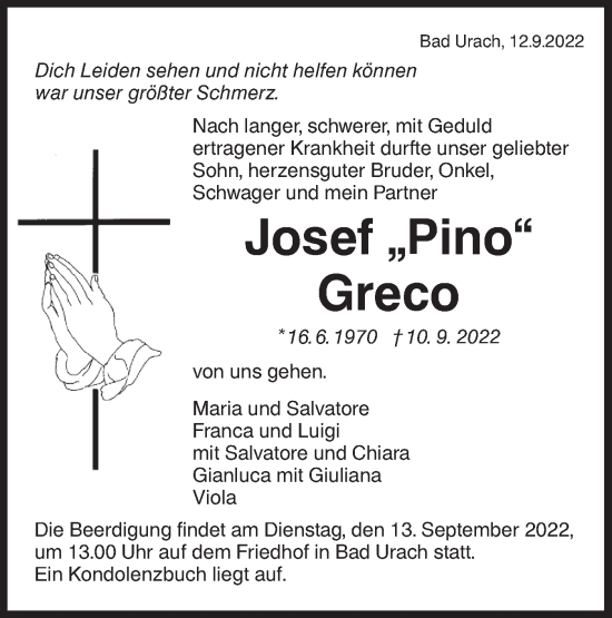 Traueranzeige von Josef Greco von Metzinger-Uracher Volksblatt