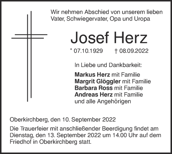 Traueranzeige von Josef Herz von SÜDWEST PRESSE Ausgabe Ulm/Neu-Ulm