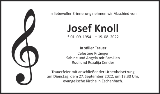 Traueranzeige von Josef Knoll von NWZ Neue Württembergische Zeitung