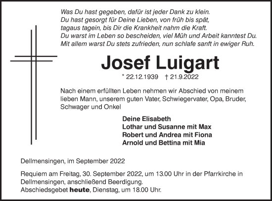 Traueranzeige von Josef Luigart von SÜDWEST PRESSE Ausgabe Ulm/Neu-Ulm