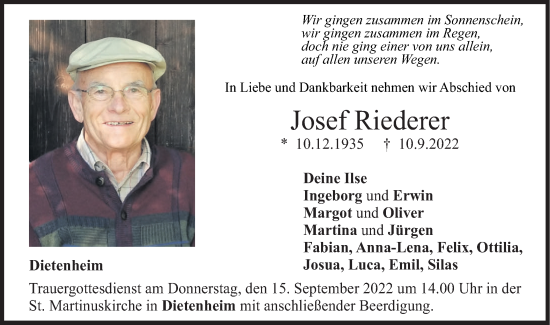 Traueranzeige von Josef Riederer von SÜDWEST PRESSE Ausgabe Ulm/Neu-Ulm