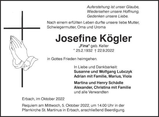 Traueranzeige von Josefine Kögler von SÜDWEST PRESSE Ausgabe Ulm/Neu-Ulm