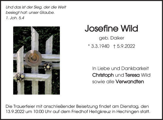 Traueranzeige von Josefine Wild von Metzinger-Uracher Volksblatt