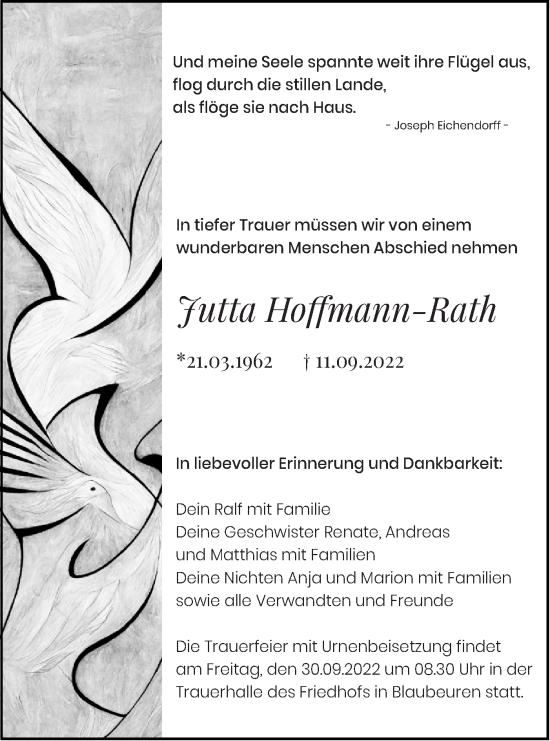 Traueranzeige von Jutta Hoffmann-Rath von SÜDWEST PRESSE Ausgabe Ulm/Neu-Ulm