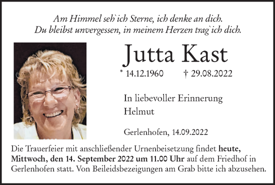 Traueranzeige von Jutta Kast von SÜDWEST PRESSE Ausgabe Ulm/Neu-Ulm