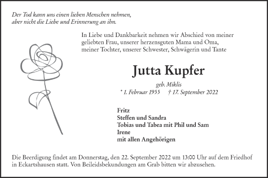 Traueranzeige von Jutta Kupfer von Haller Tagblatt