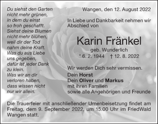 Traueranzeige von Karin Fränkel von NWZ Neue Württembergische Zeitung