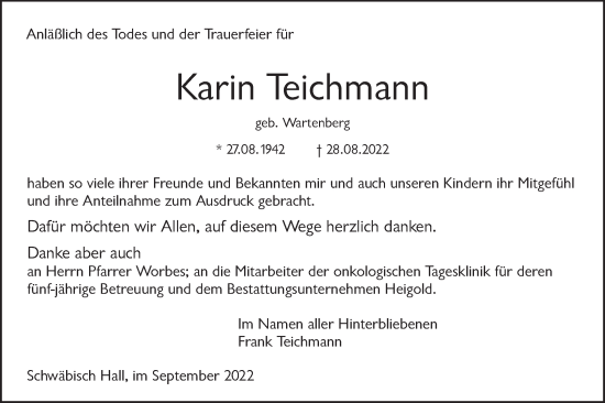 Traueranzeige von Karin Teichmann von Haller Tagblatt