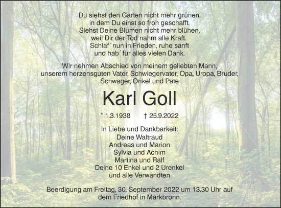 Traueranzeige von Karl Goll von SÜDWEST PRESSE Ausgabe Ulm/Neu-Ulm