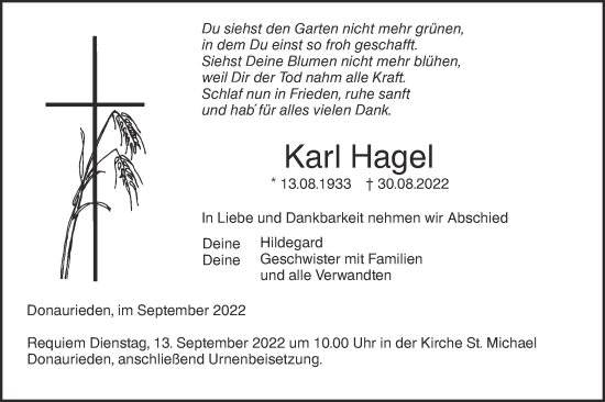 Traueranzeige von Karl Hagel von SÜDWEST PRESSE Ausgabe Ulm/Neu-Ulm