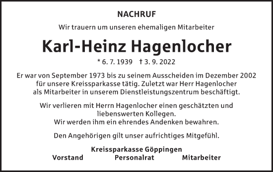 Traueranzeige von Karl-Heinz Hagenlocher von NWZ Neue Württembergische Zeitung/Geislinger Zeitung