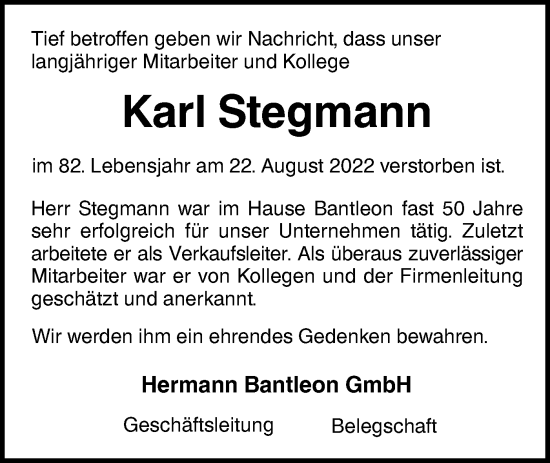 Traueranzeige von Karl Stegmann von SÜDWEST PRESSE Ausgabe Ulm/Neu-Ulm