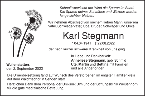 Traueranzeige von Karl Stegmann von SÜDWEST PRESSE Ausgabe Ulm/Neu-Ulm