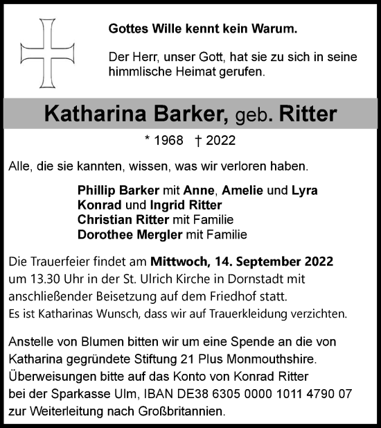 Traueranzeige von Katharina Barker von SÜDWEST PRESSE Ausgabe Ulm/Neu-Ulm