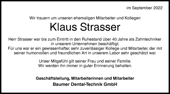 Traueranzeige von Klaus Strasser von Metzinger-Uracher Volksblatt