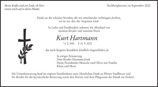 Traueranzeige von Kurt Hartmann von NWZ Neue Württembergische Zeitung