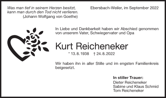 Traueranzeige von Kurt Reicheneker von NWZ Neue Württembergische Zeitung