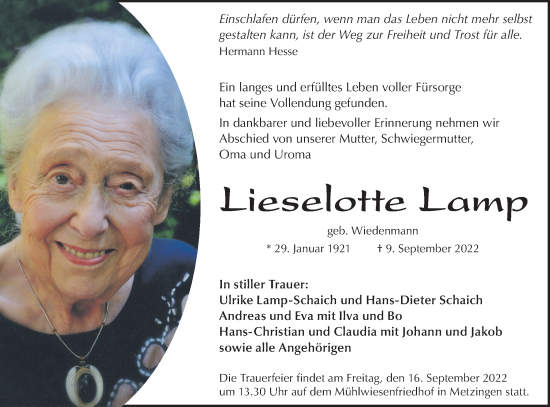 Traueranzeige von Lieselotte Lamp von Metzinger-Uracher Volksblatt