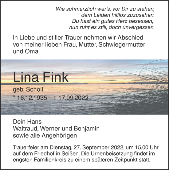 Traueranzeige von Lina Fink von SÜDWEST PRESSE Ausgabe Ulm/Neu-Ulm