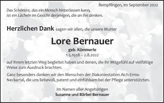 Traueranzeige von Lore Bernauer von Metzinger-Uracher Volksblatt