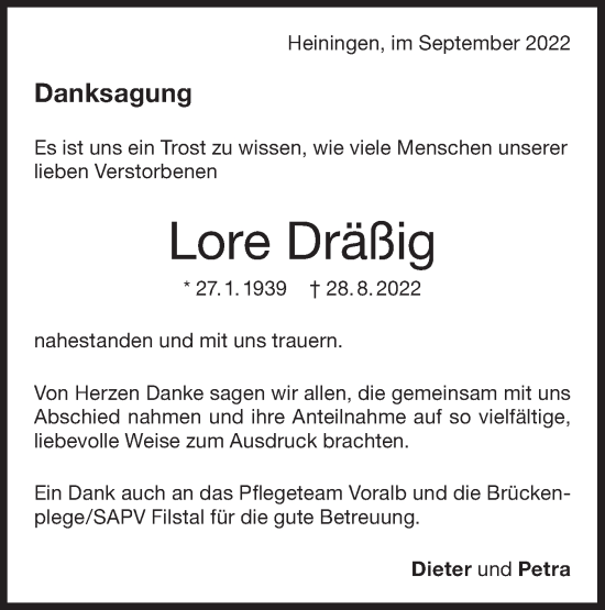 Traueranzeige von Lore Dräßig von NWZ Neue Württembergische Zeitung