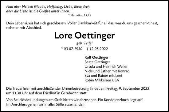 Traueranzeige von Lore Oettinger von Hohenloher Tagblatt