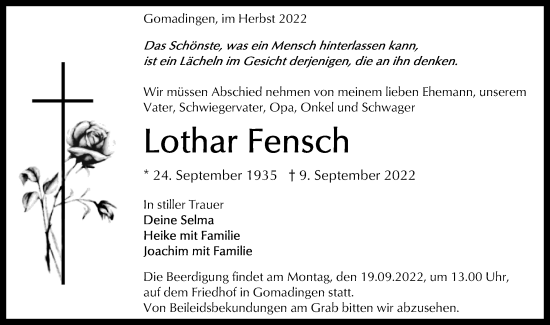 Traueranzeige von Lothar Fensch von Alb-Bote/Metzinger-Uracher Volksblatt