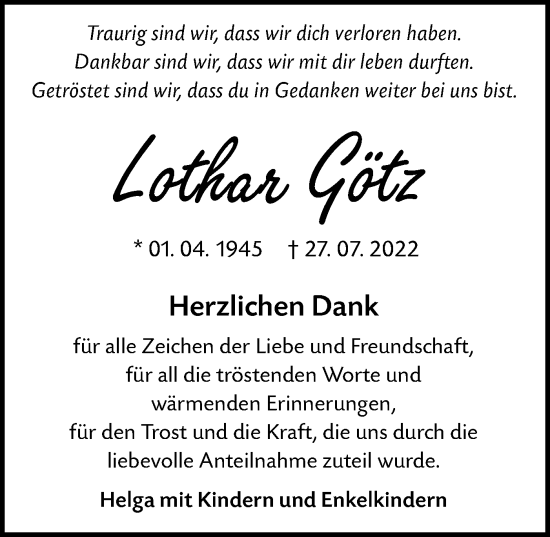 Traueranzeige von Lothar Götz von Alb-Bote/Metzinger-Uracher Volksblatt