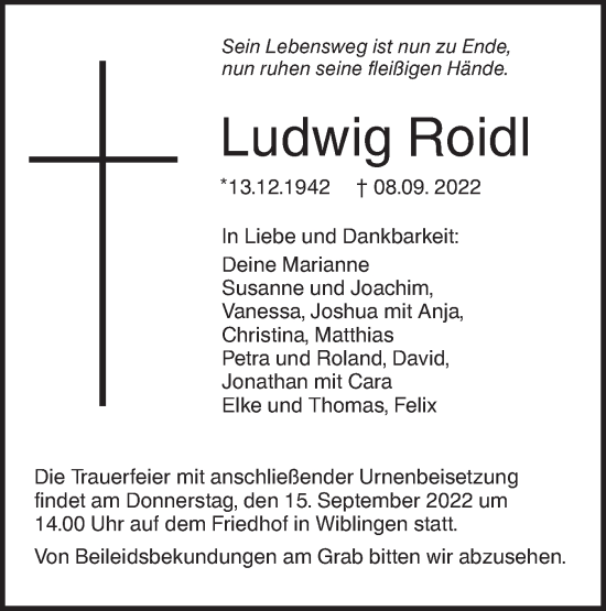 Traueranzeige von Ludwig Roidl von SÜDWEST PRESSE Ausgabe Ulm/Neu-Ulm