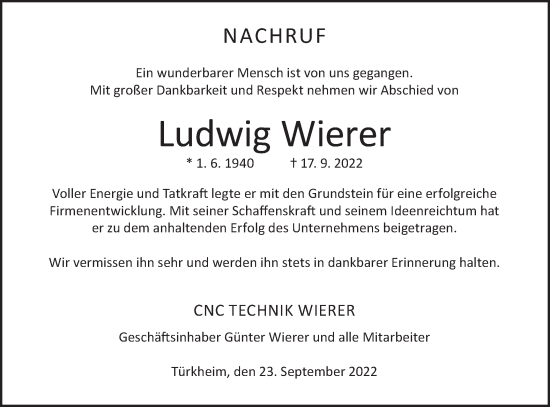 Traueranzeige von Ludwig Wierer von Geislinger Zeitung