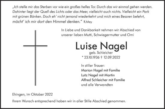 Traueranzeige von Luise Nagel von Ehinger Tagblatt