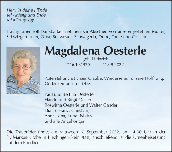 Traueranzeige von Magdalena Oesterle von Metzinger-Uracher Volksblatt