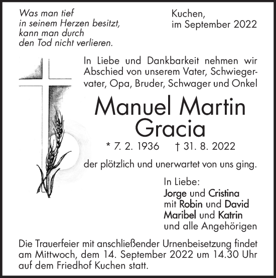 Traueranzeige von Manuel Martin Gracia von Geislinger Zeitung